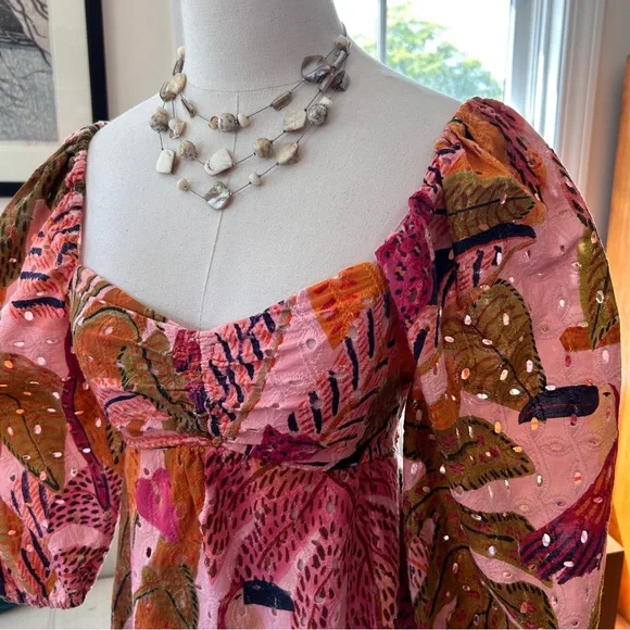 Anthropologie Kourt “Robbie” Cotton Eyelet Mini Dress, Tropical Palm Print - Picture 8 of 12